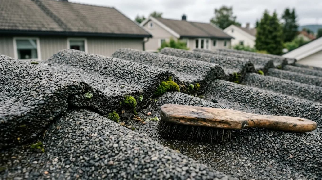 Nærbilde av steinbestrødd stålplate med mosedotter i rillene og myk børste