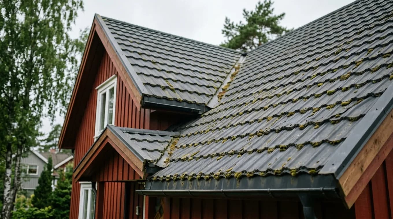 Decra-tak i stål på norsk trehus med mose i profilrillene
