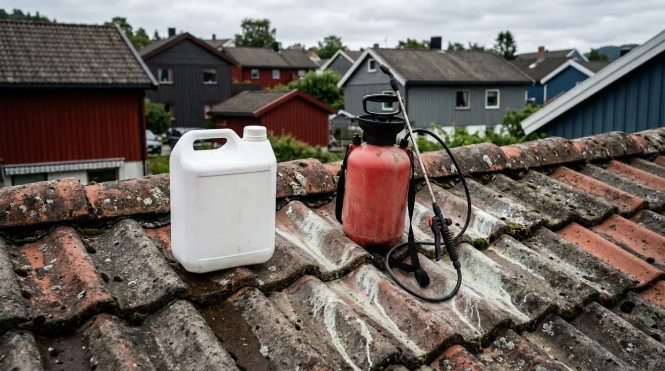 Kanne og trykksprøyte på takstein med lyse blekeflekker etter klorinbehandling