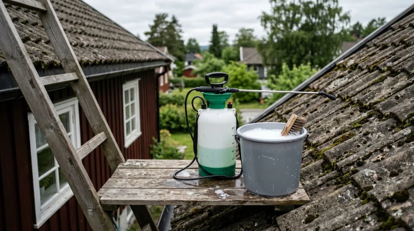Hagesprøyte og bøtte med vaskepulverblanding klargjort ved mosegrodd tak