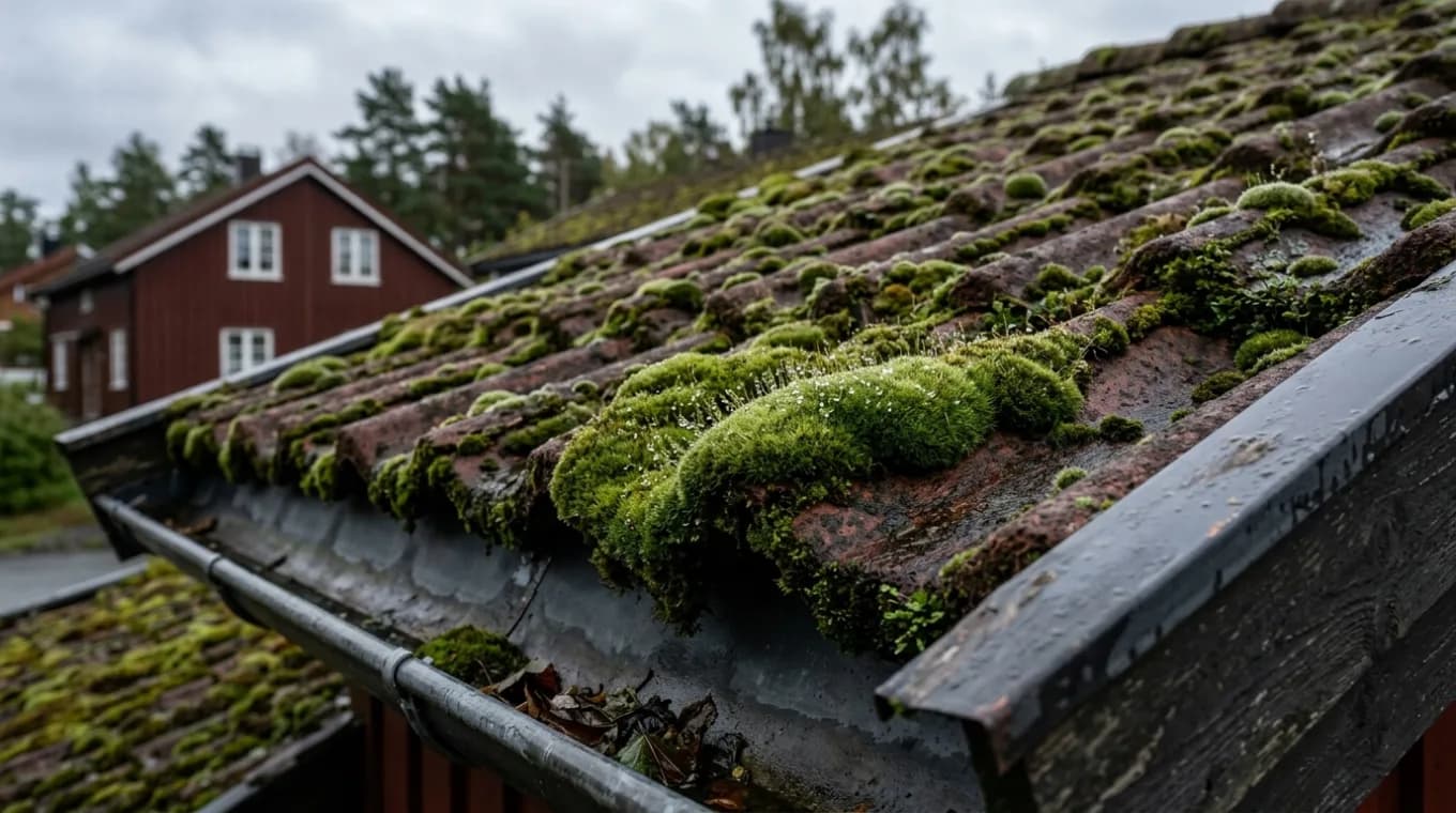 Tett mosevekst på eldre betongtakstein over takrenne på norsk bolig